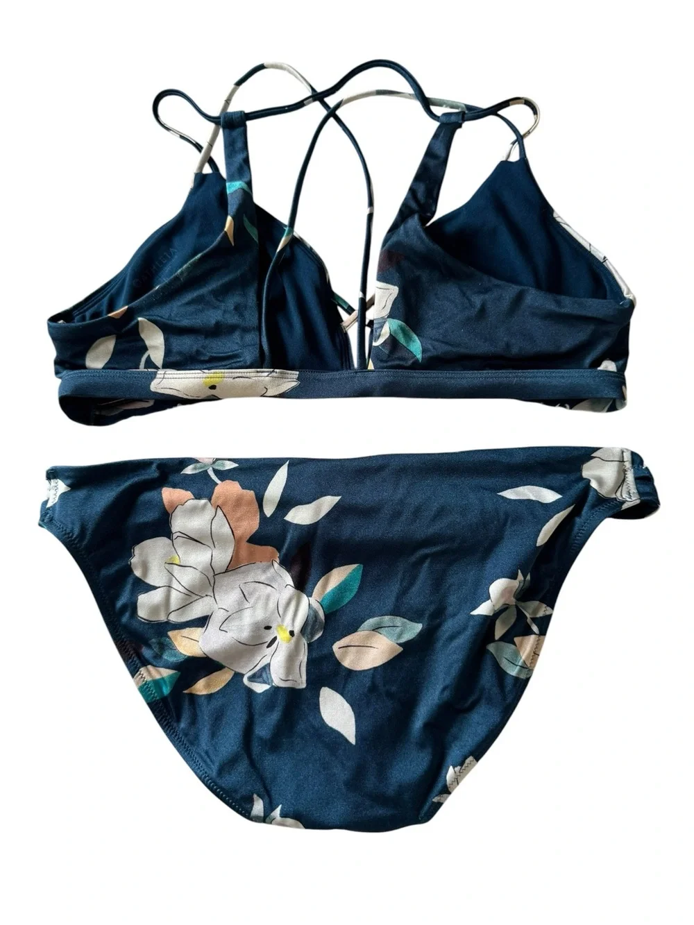 Athleta Aqualuxe Floradora navy blue floral Swimsuit bikini set crisscross top L
